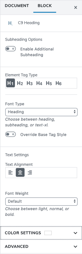 C9 Heading Block Settings